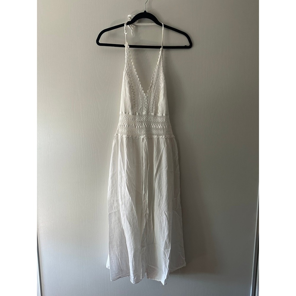 Seaspice White 100% Peruvian Cotton Halter Midi Dress Boho Lace Resort Large